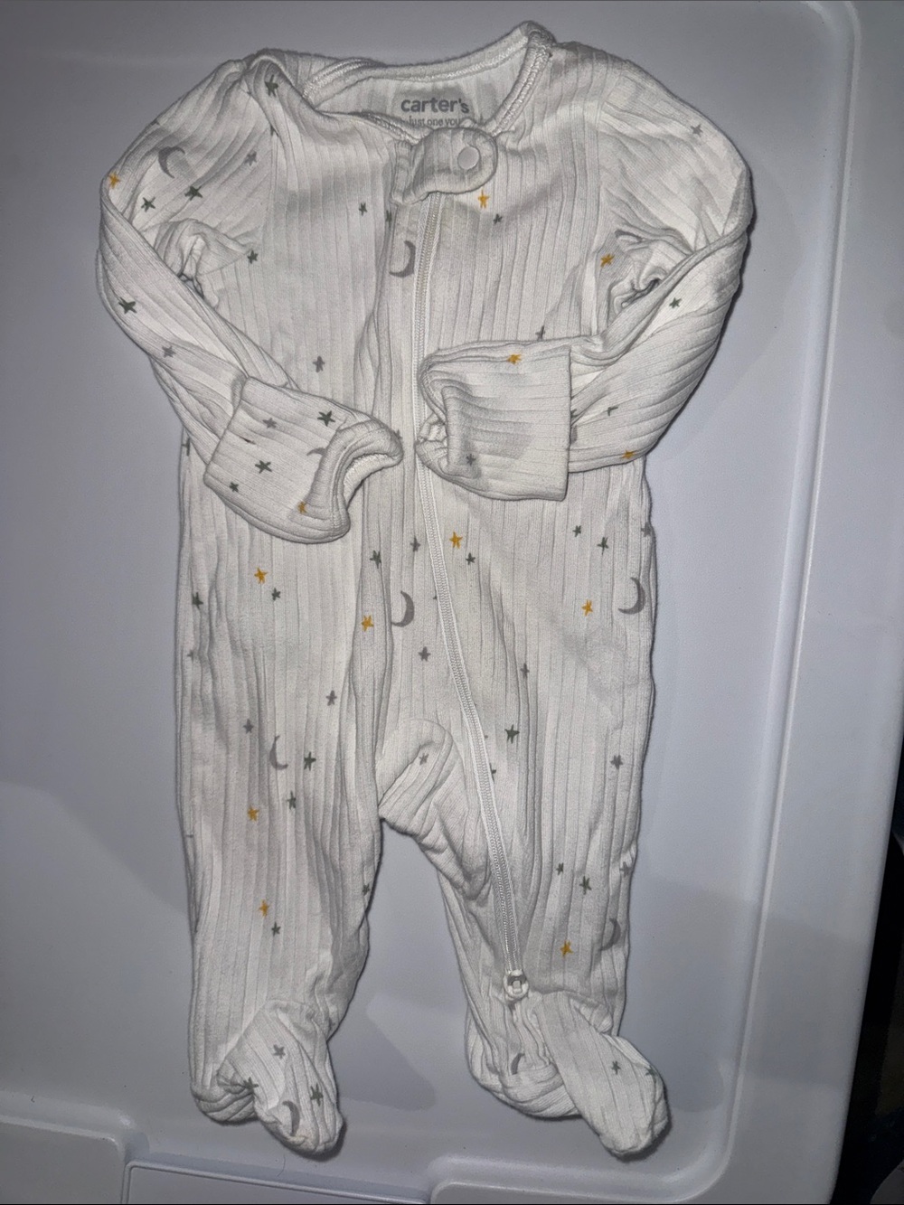 Carter's White Ribbed Footed Pajamas with Gray & Gold Stars